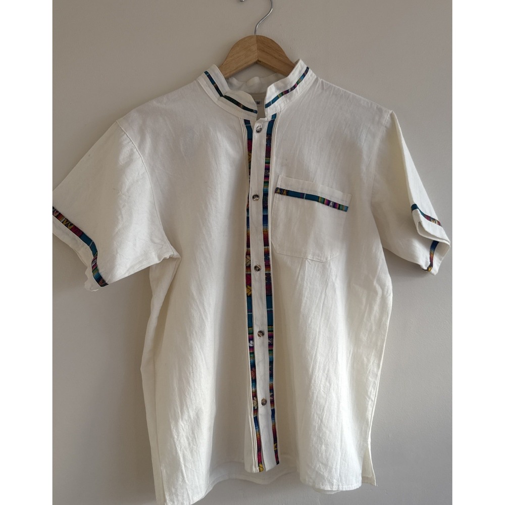 Men's Button Down FIESTA ATTIRE Shirt CREME Short Sleeve Handmade Artisan
